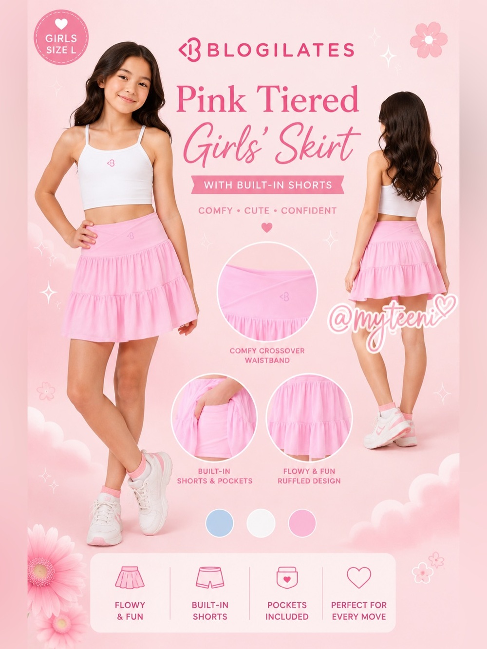 🩷‼️🔥🆕 Blogilates Pink Tiered Girls’ Skirt with Built-In Shorts - BNWT